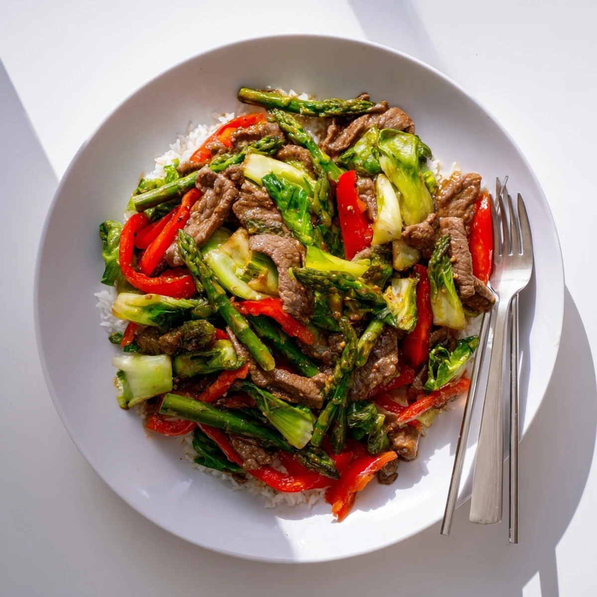 Weeknight dinner bowl featuring soy beef bok choy and asparagus stir fry with colorful vegetables and beef