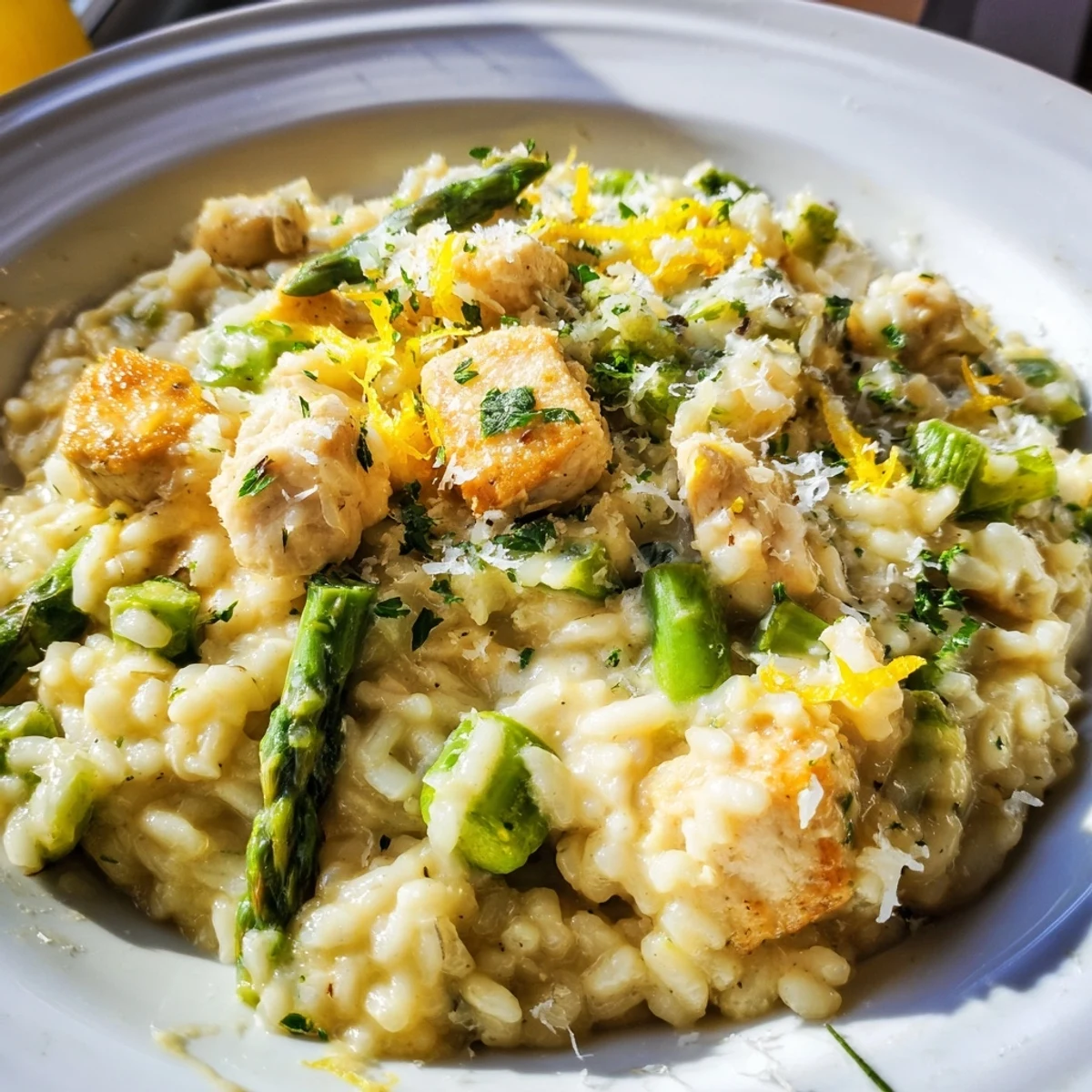 Creamy chicken and asparagus risotto topped with grated Parmesan and fresh parsley garnish