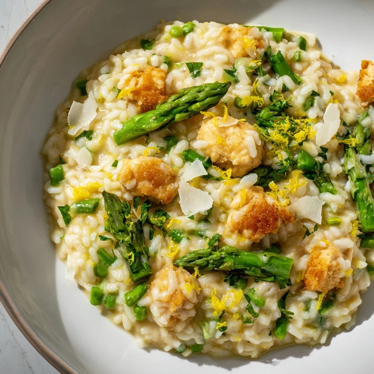Golden chicken pieces nestled in rich Italian risotto with tender green asparagus spears