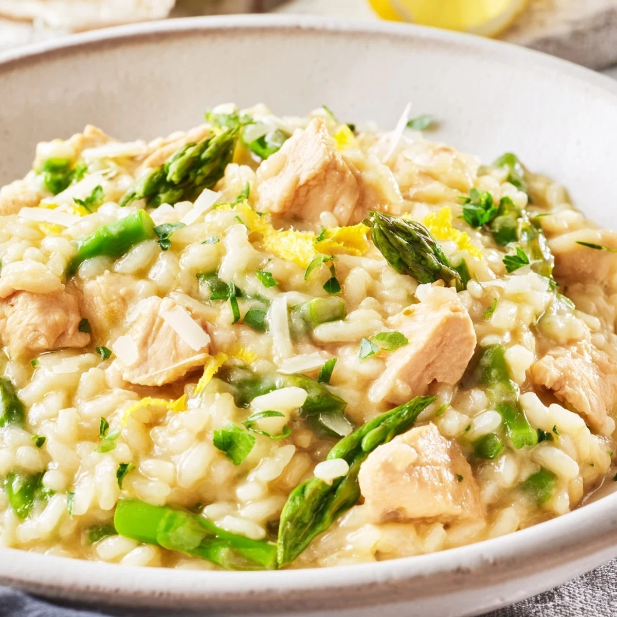 Steaming bowl of chicken and asparagus risotto finished with butter and lemon zest