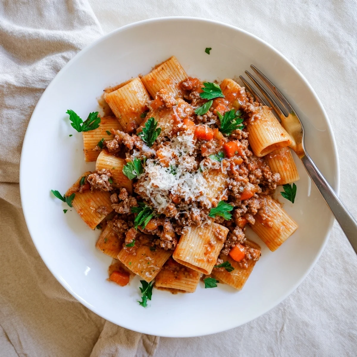 Hearty Turkey Bolognese sauce simmered with crushed tomatoes over a bed of pasta garnished with fresh basil
