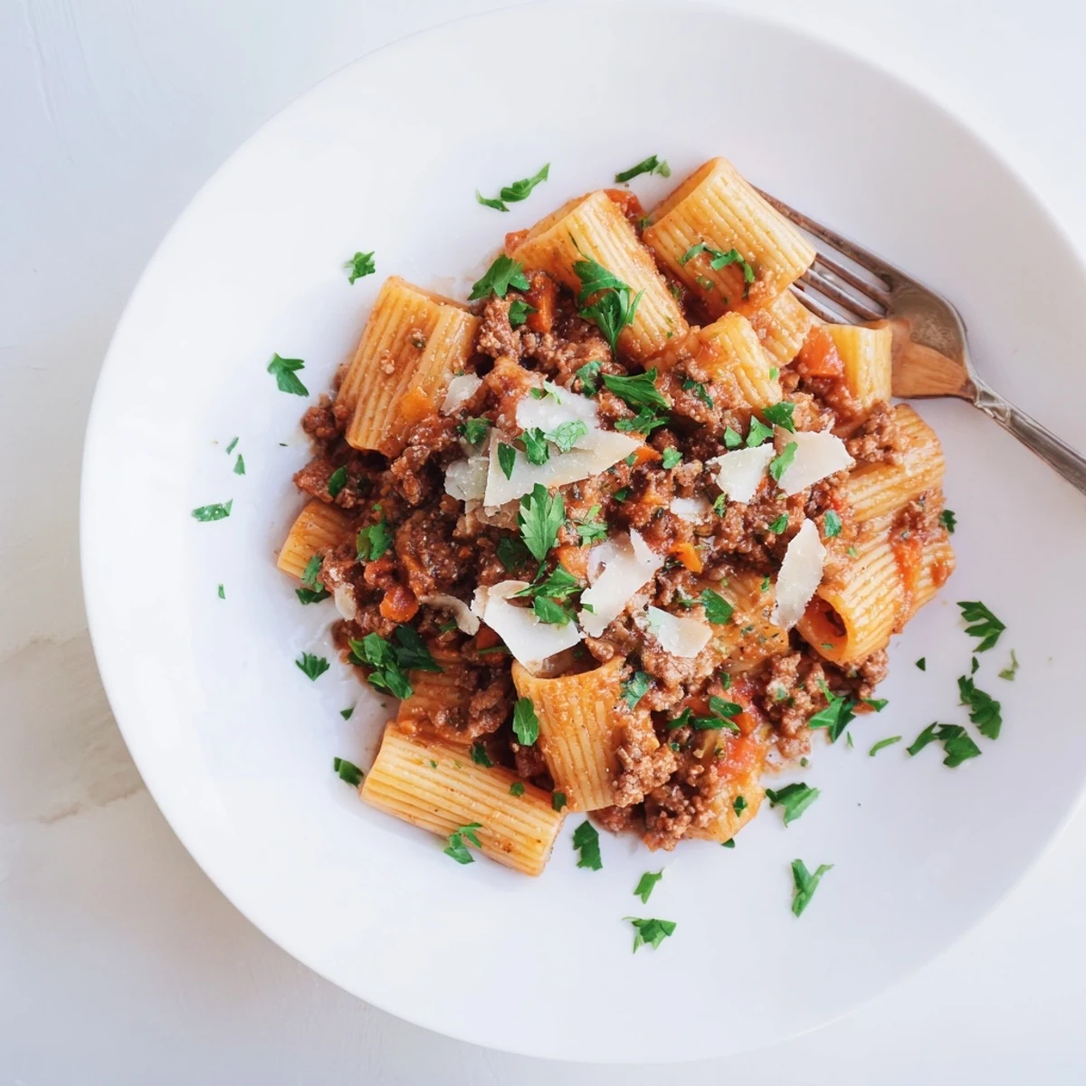 Rich and savory Turkey Bolognese meat sauce plated on pasta with a sprinkle of fresh parsley and Parmesan cheese