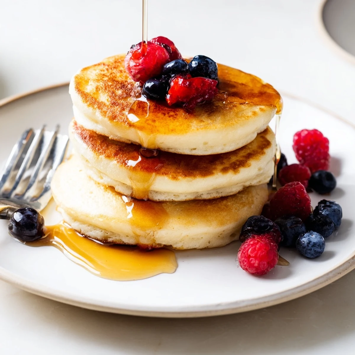 Golden fluffy pancakes stacked high with melted butter and drizzled maple syrup on a white plate