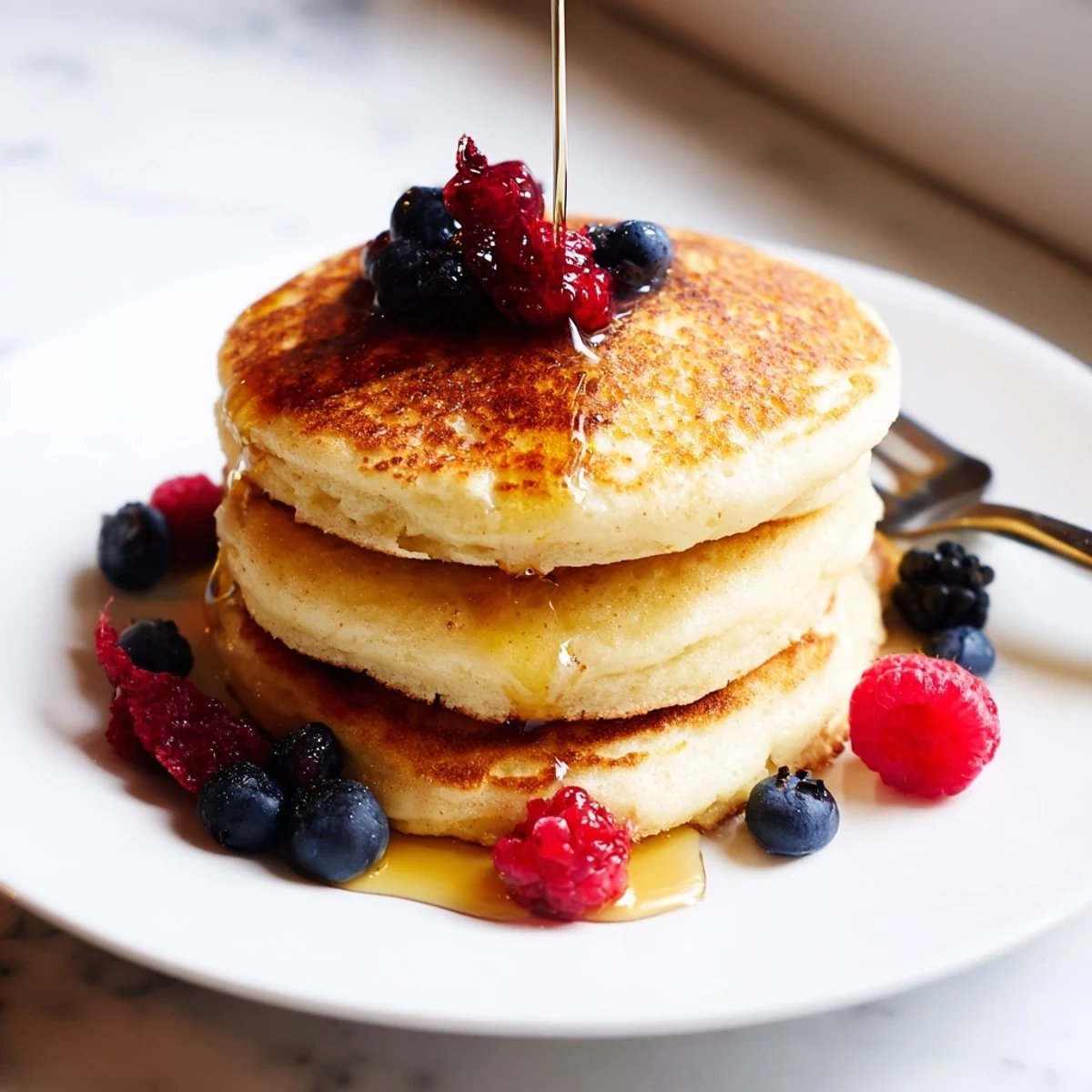 Light and airy homemade fluffy pancakes with golden brown edges served with fresh berries for breakfast