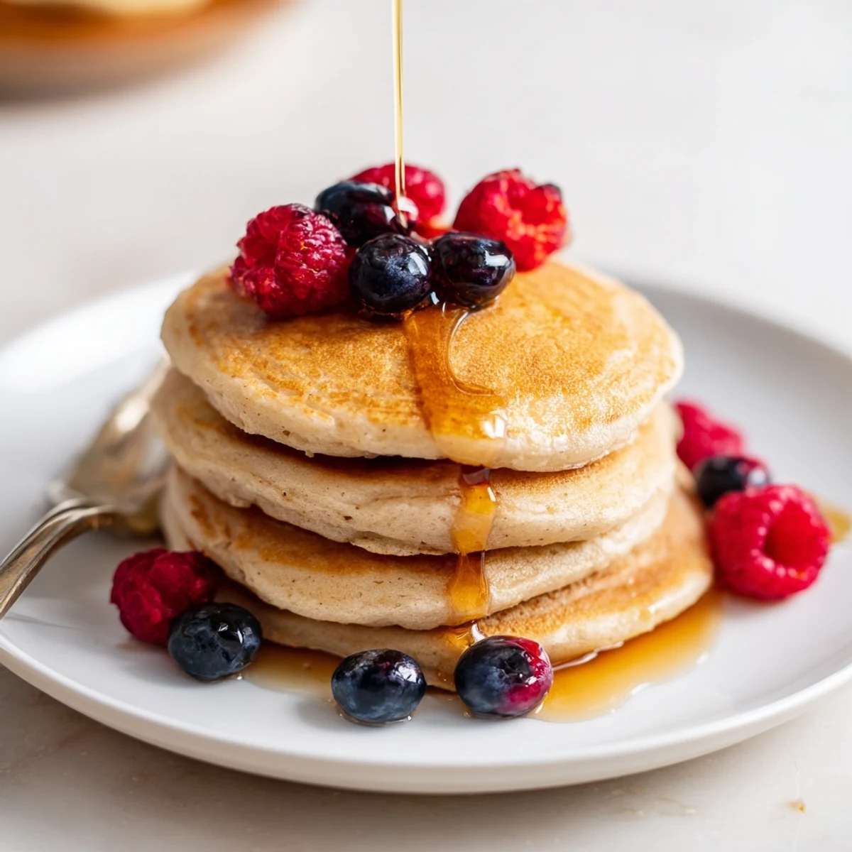 Stack of American style fluffy pancakes cooked to perfection with a dusting of powdered sugar and syrup