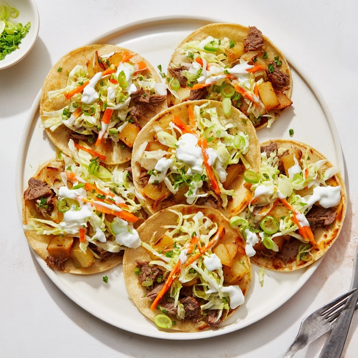 Irish tacos stacked high with shredded beef, potato filling, and colorful vegetable slaw topping