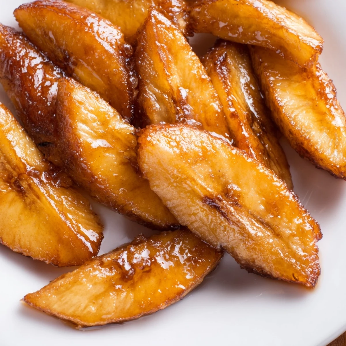 Warm slices of pan fried cinnamon bananas arranged on a white plate with melting butter