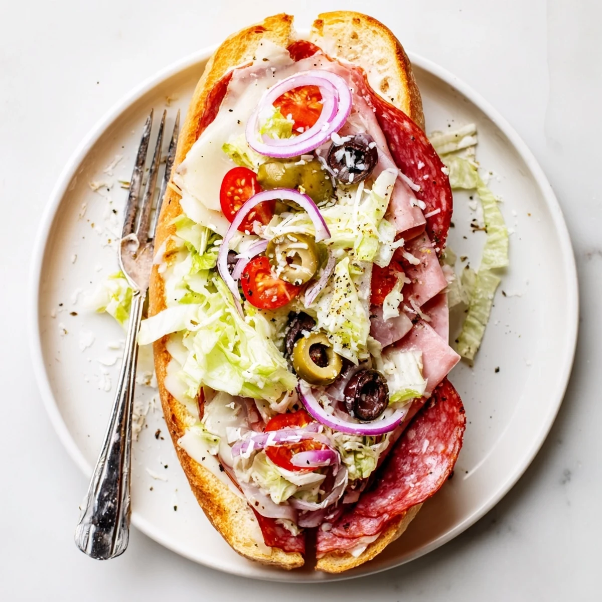 Half-eaten Italian grinder salad sandwich revealing colorful lettuce, pepperoncini, and tomato medley between toasted bread slices