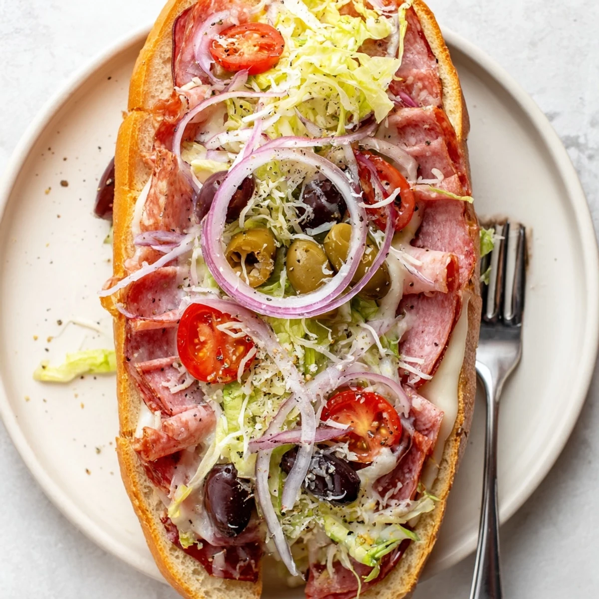 Golden-crusted hoagie roll piled high with Italian grinder salad sandwich layers of cured meats and melted provolone
