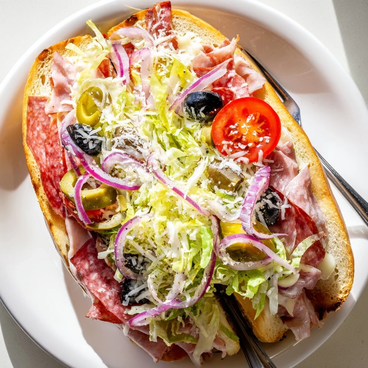 Whole Italian grinder salad sandwich on wooden board with oregano-dressed vegetable salad spilling from crusty roll