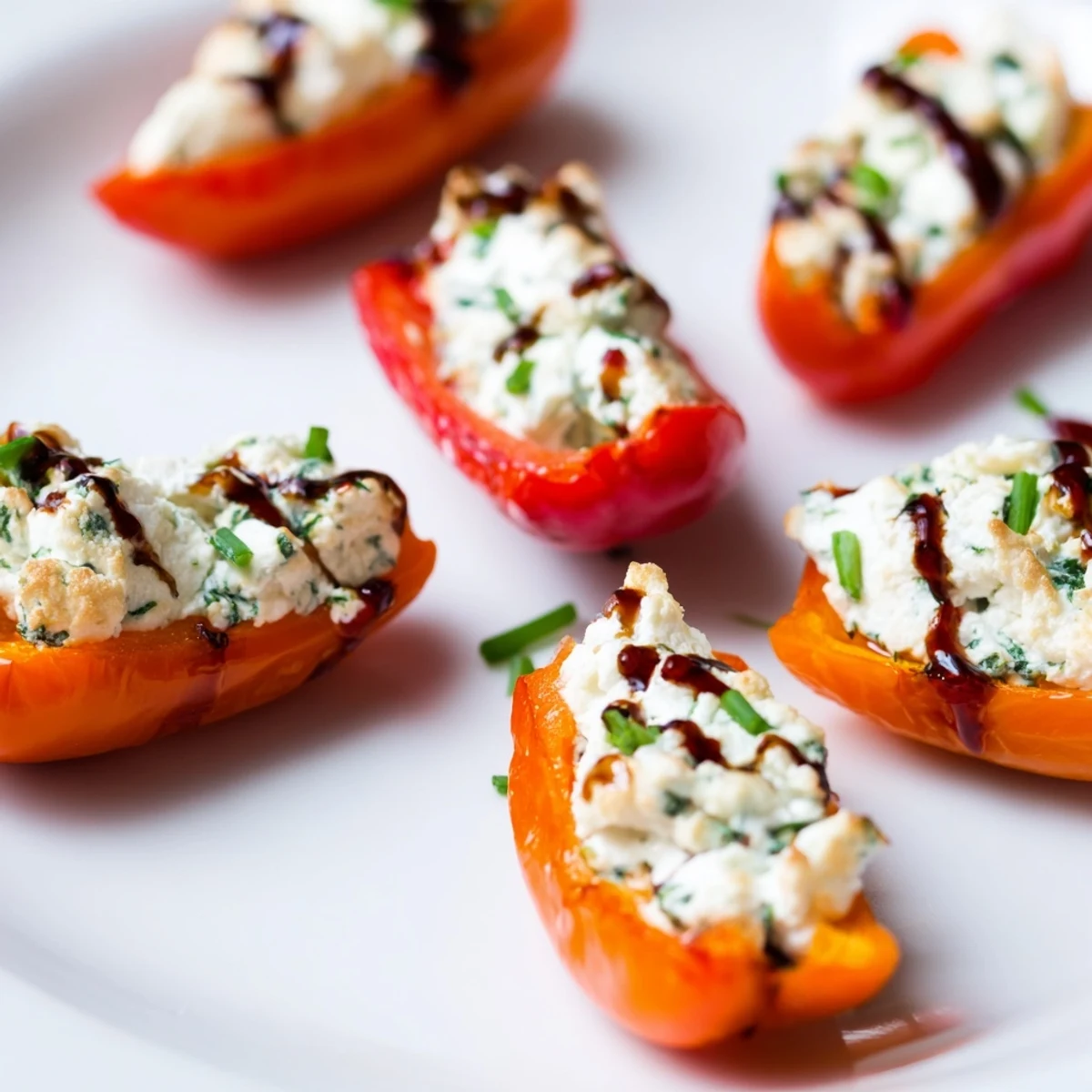 Colorful roasted goat cheese stuffed mini peppers arranged on a white serving platter with fresh herbs