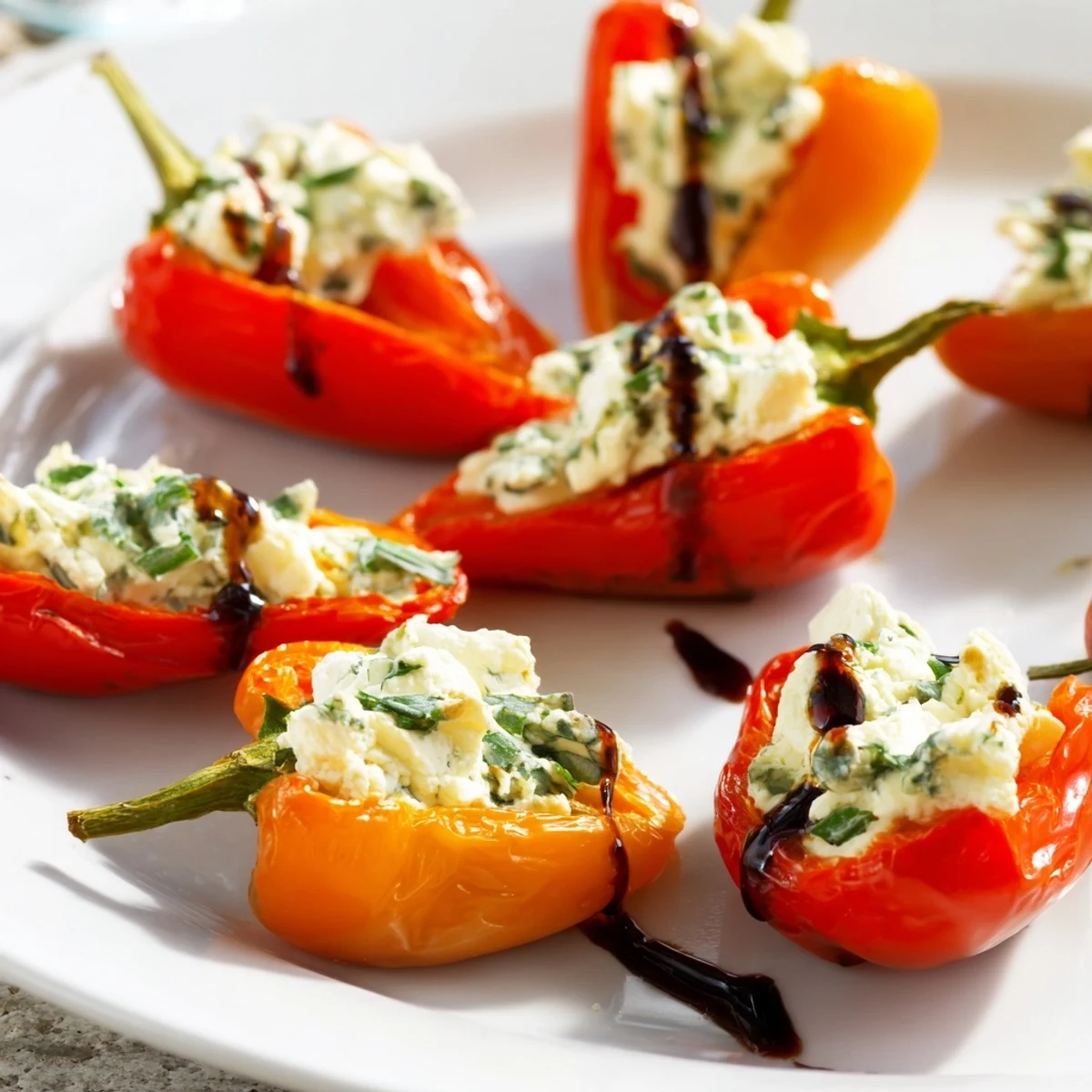 Vibrant sweet pepper halves piped with savory goat cheese mixture and drizzled with balsamic glaze for appetizers