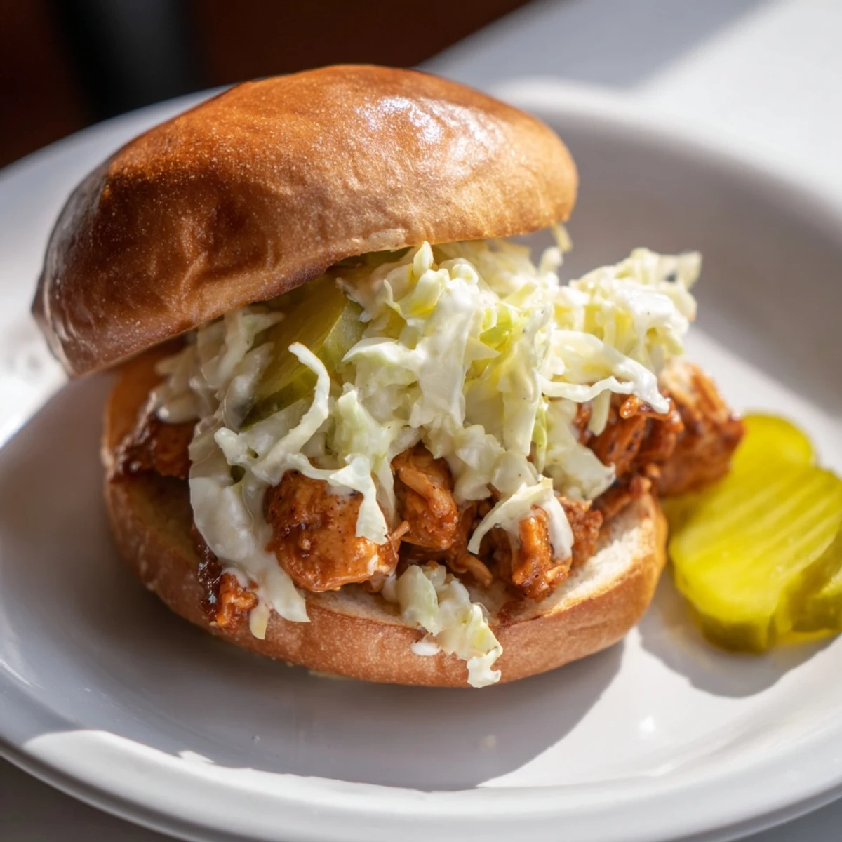 Golden chopped chicken breast coated in creamy white Alabama BBQ sauce on a toasted bun