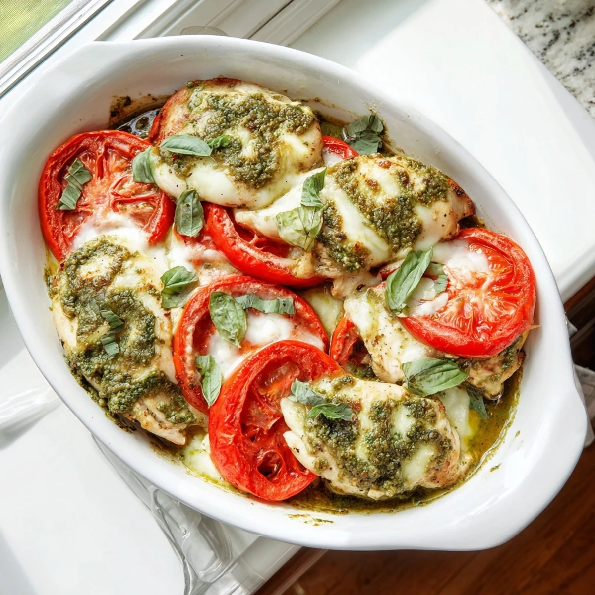 Golden baked pesto caprese chicken with melted mozzarella and juicy tomato slices
