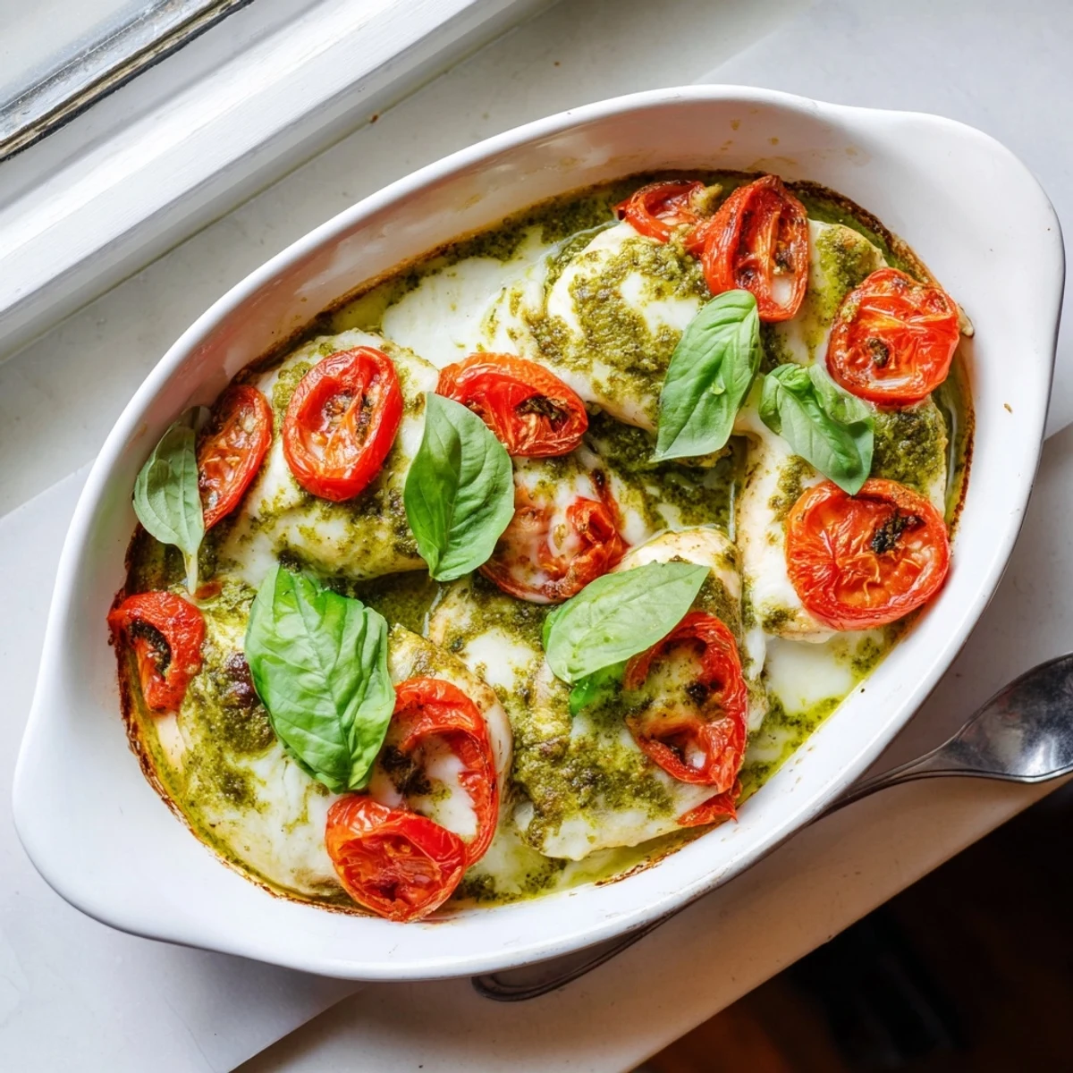 Italian baked chicken layered with vibrant green pesto and bubbling mozzarella cheese
