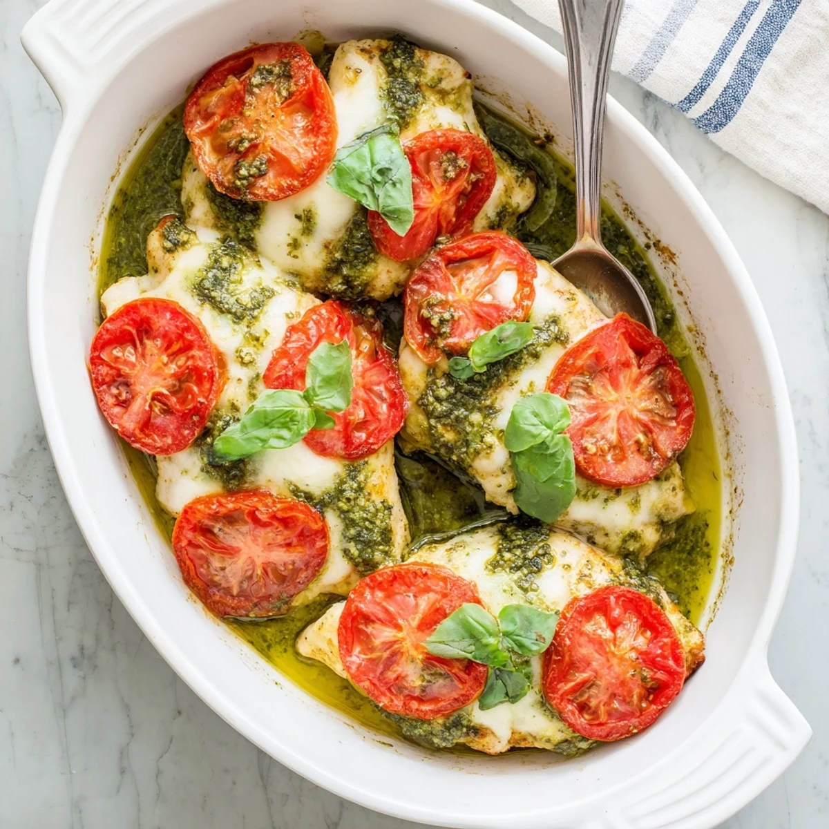 Juicy chicken breasts topped with fresh tomatoes and melted mozzarella baked golden