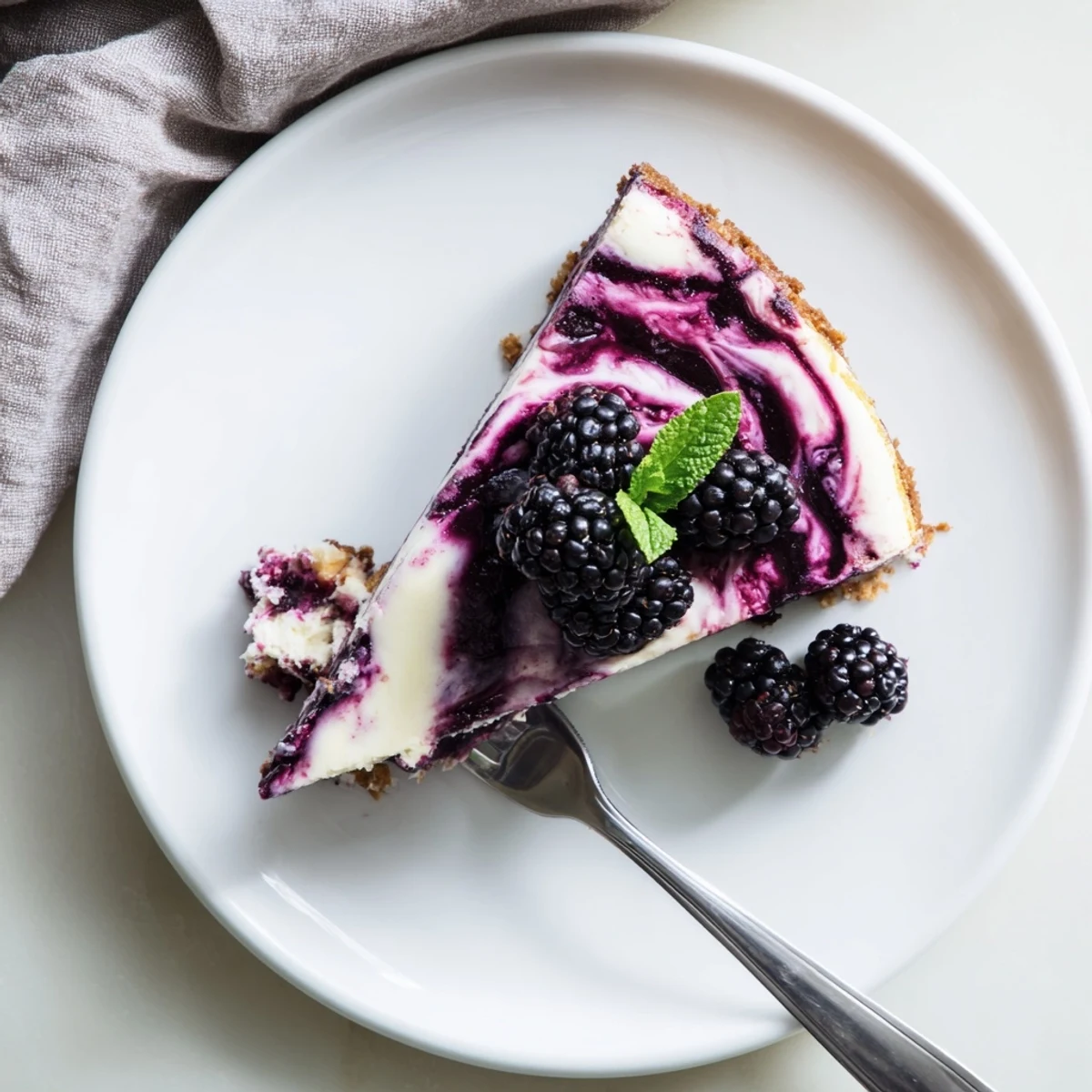 Rich Blackberry Bliss Cheesecake with marbled purple swirls and graham cracker crust