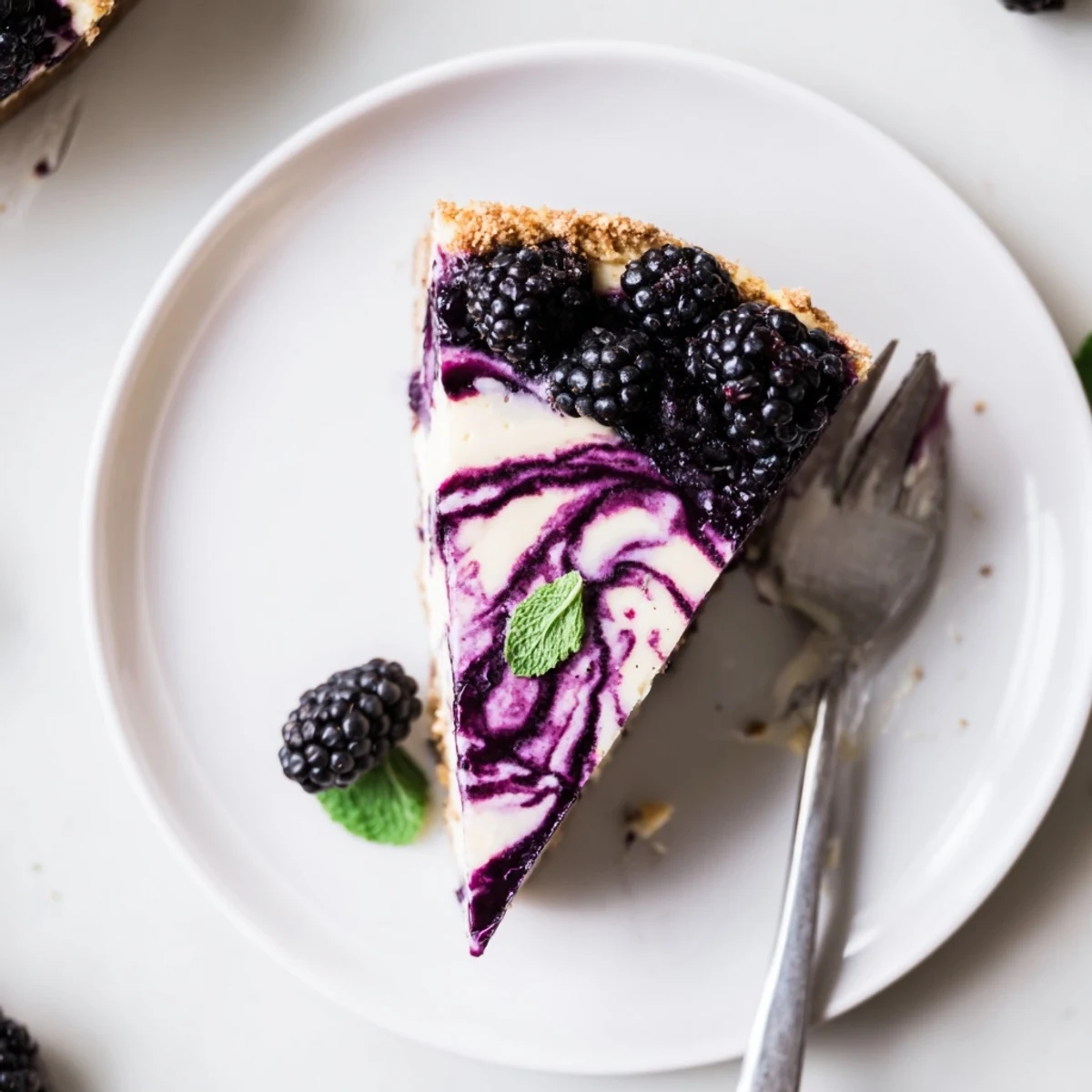 Creamy Blackberry Bliss Cheesecake slice topped with fresh berries on a white plate