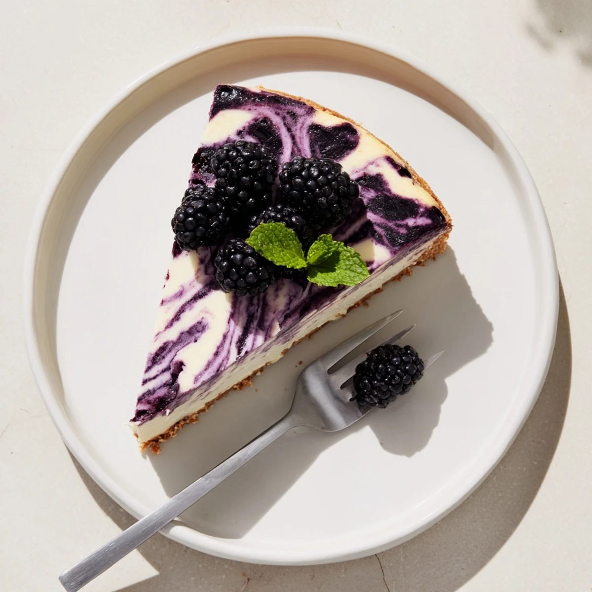 Golden graham cracker crust supports velvety Blackberry Bliss Cheesecake with tangy fruit swirls