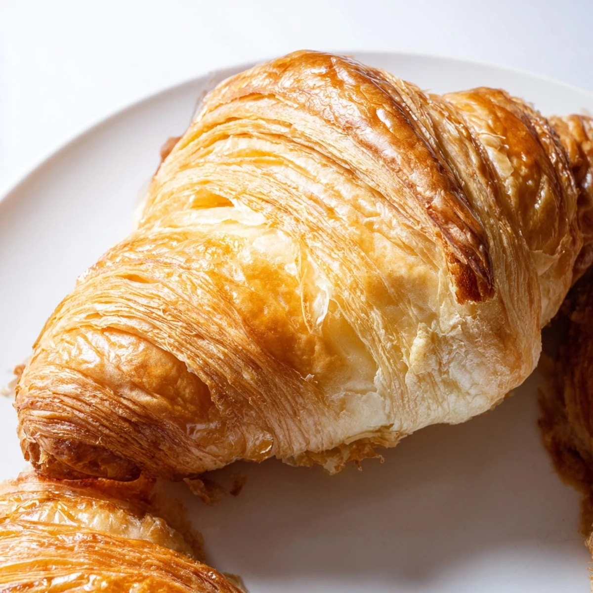 Golden homemade croissant bread loaf with flaky layered interior and buttery golden crust on white background