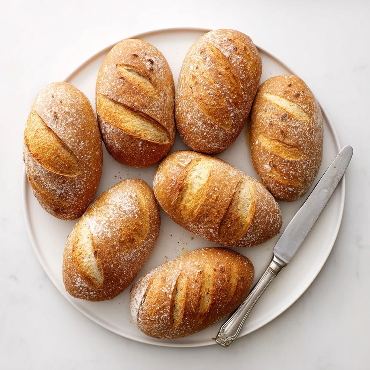 Golden brown crusty French bread rolls with flour-dusted tops, freshly baked and ready for butter