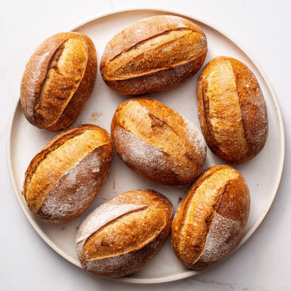 Baked crusty French bread rolls arranged on baking sheet with signature slash marks and golden crust