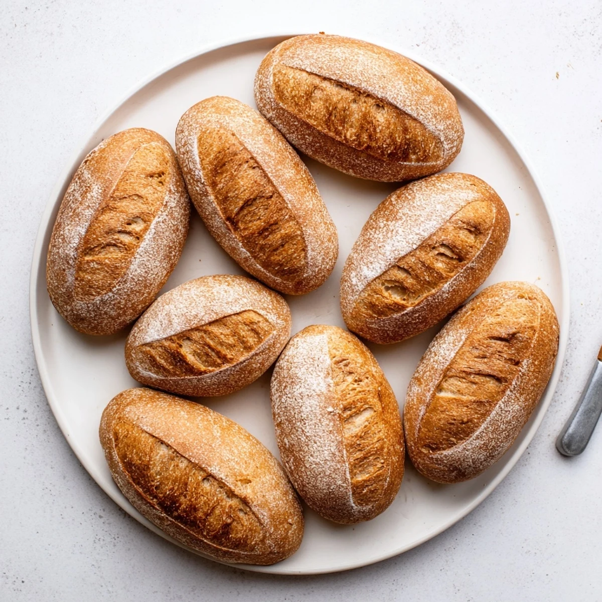 Warm homemade crusty French bread rolls displaying crackled exterior and soft tender interior texture