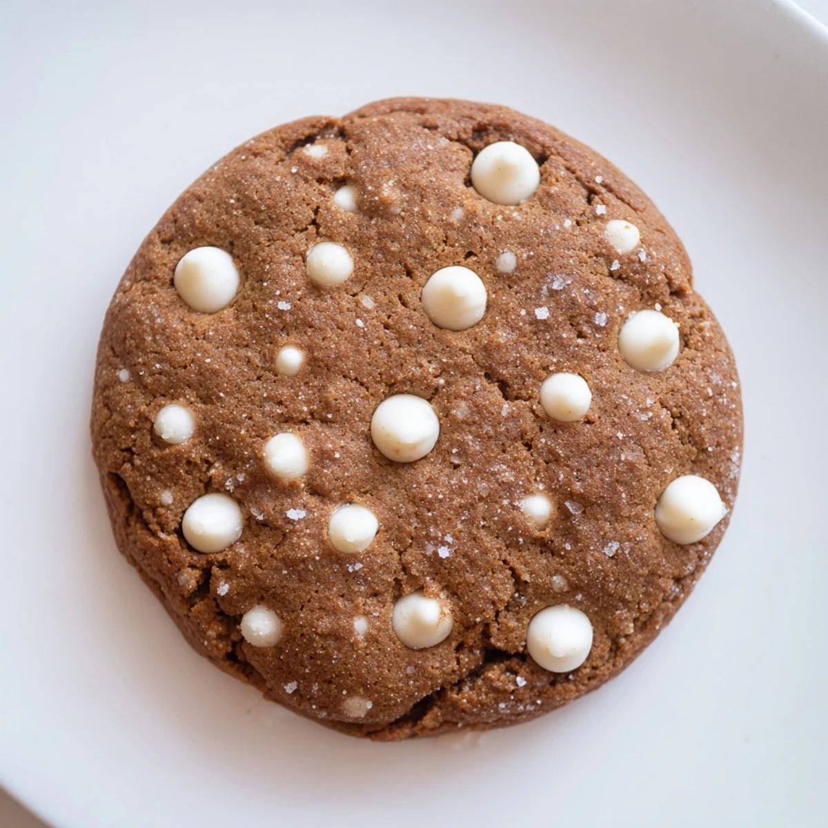 Freshly baked spiced gingerbread white chocolate cookies rolled in sparkling sugar and stacked on a wooden board