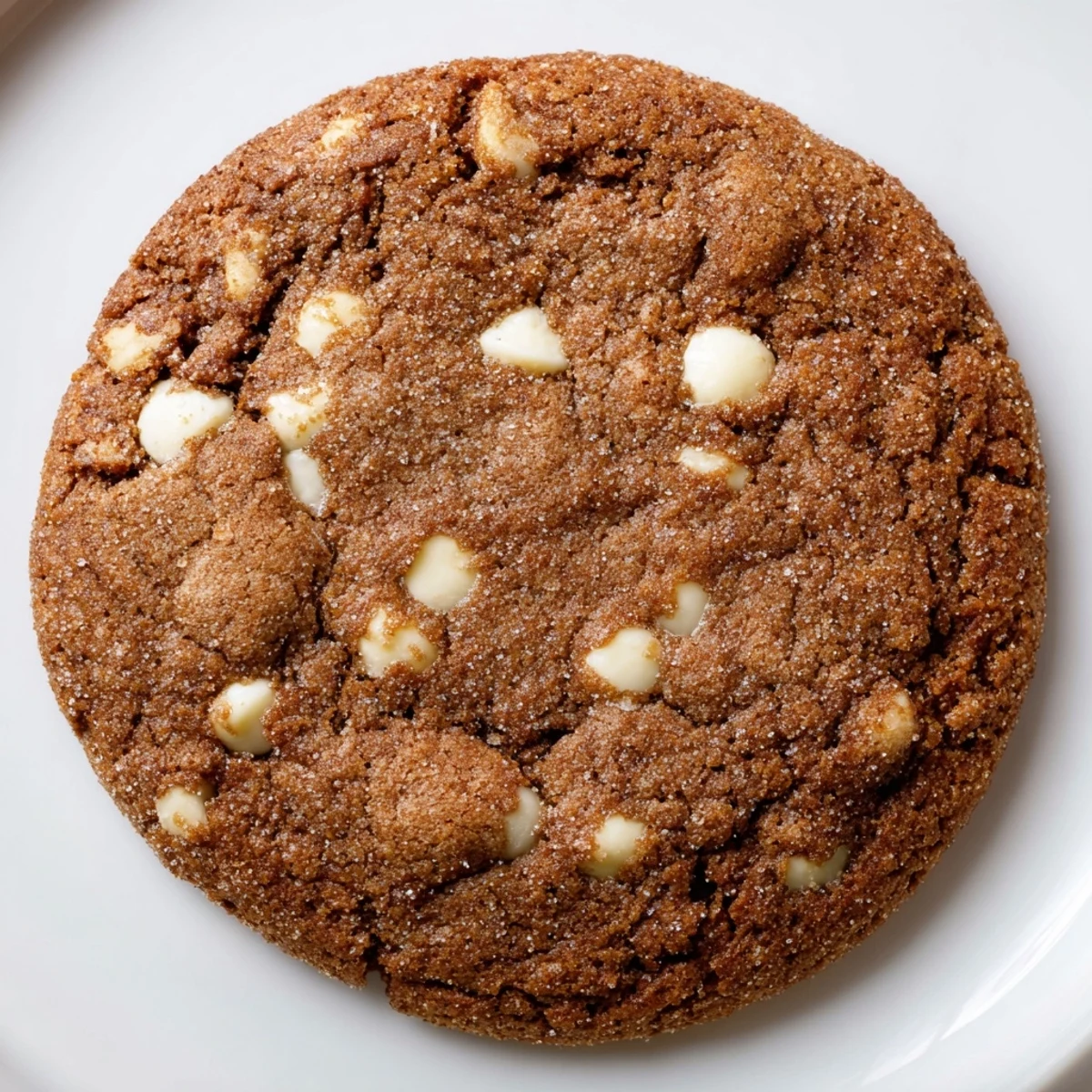 Warm gingerbread white chocolate cookies with crisp edges and chewy centers, dusted with granulated sugar