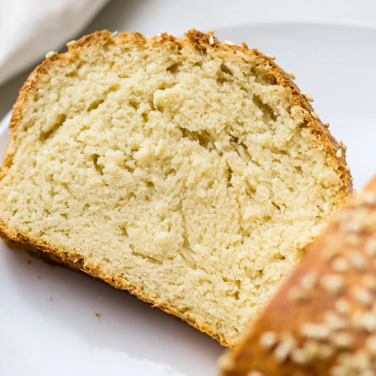 Golden zero carb yogurt bread loaf sliced and arranged on wooden cutting board with butter knife