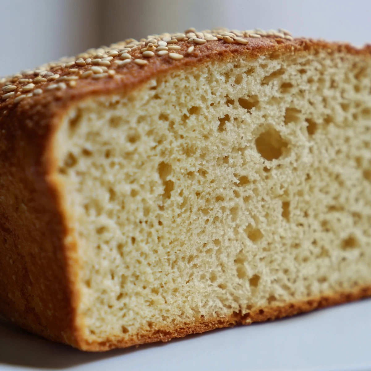 Freshly baked zero carb yogurt bread cooling on wire rack with sesame seed topping visible