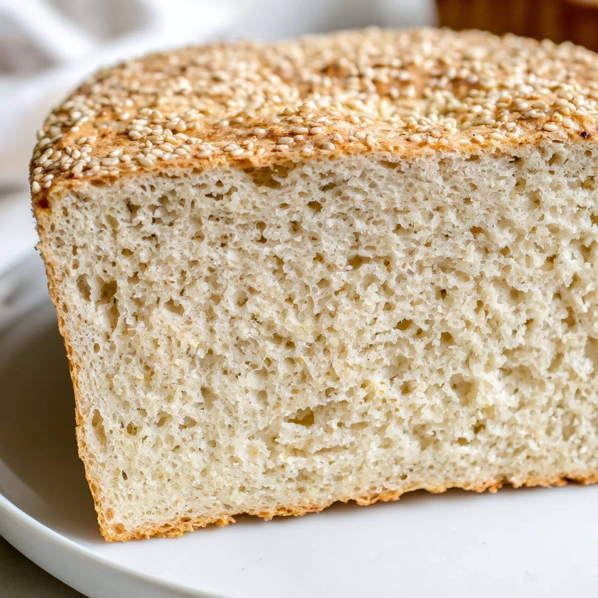 Fluffy zero carb yogurt bread toasted with melted butter on white plate alongside fresh herbs