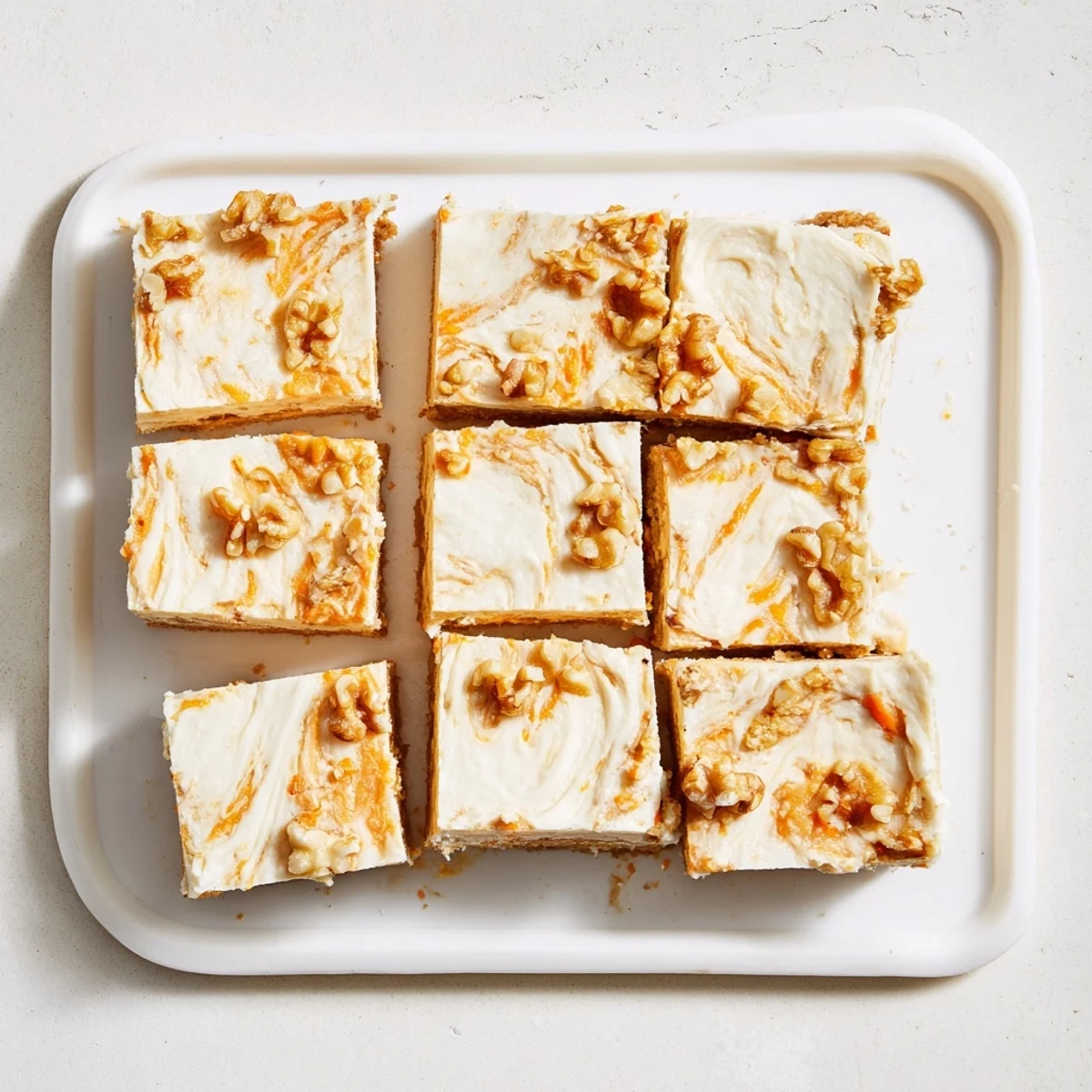 Moist carrot cake layers swirled with creamy cheesecake topping, cut into neat squares for serving