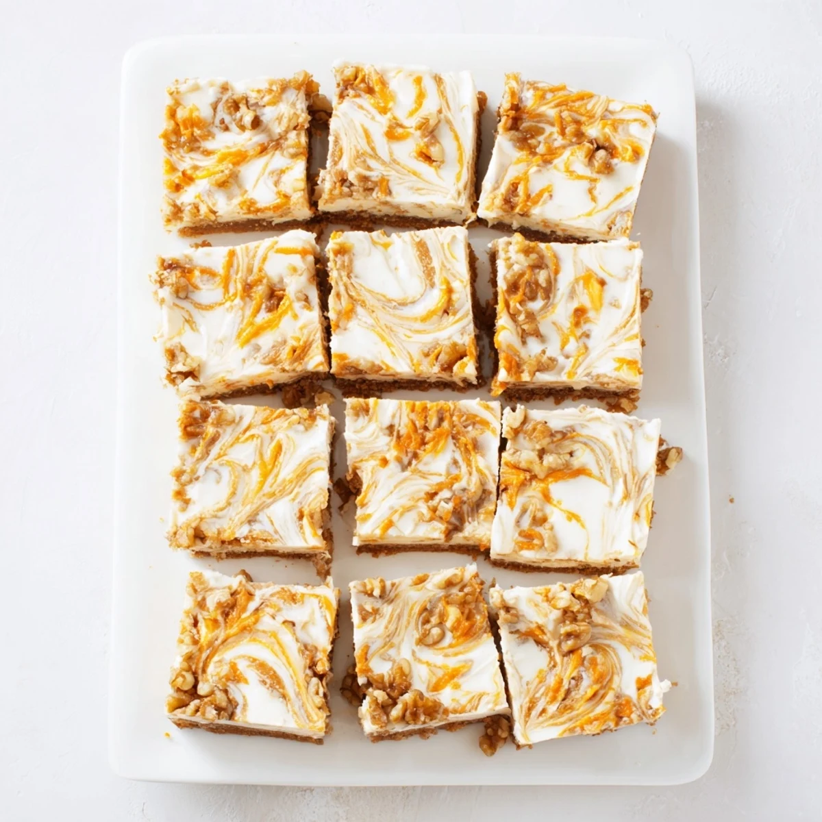 Golden carrot cake cream cheese bars with marbled swirls and walnuts on a white plate