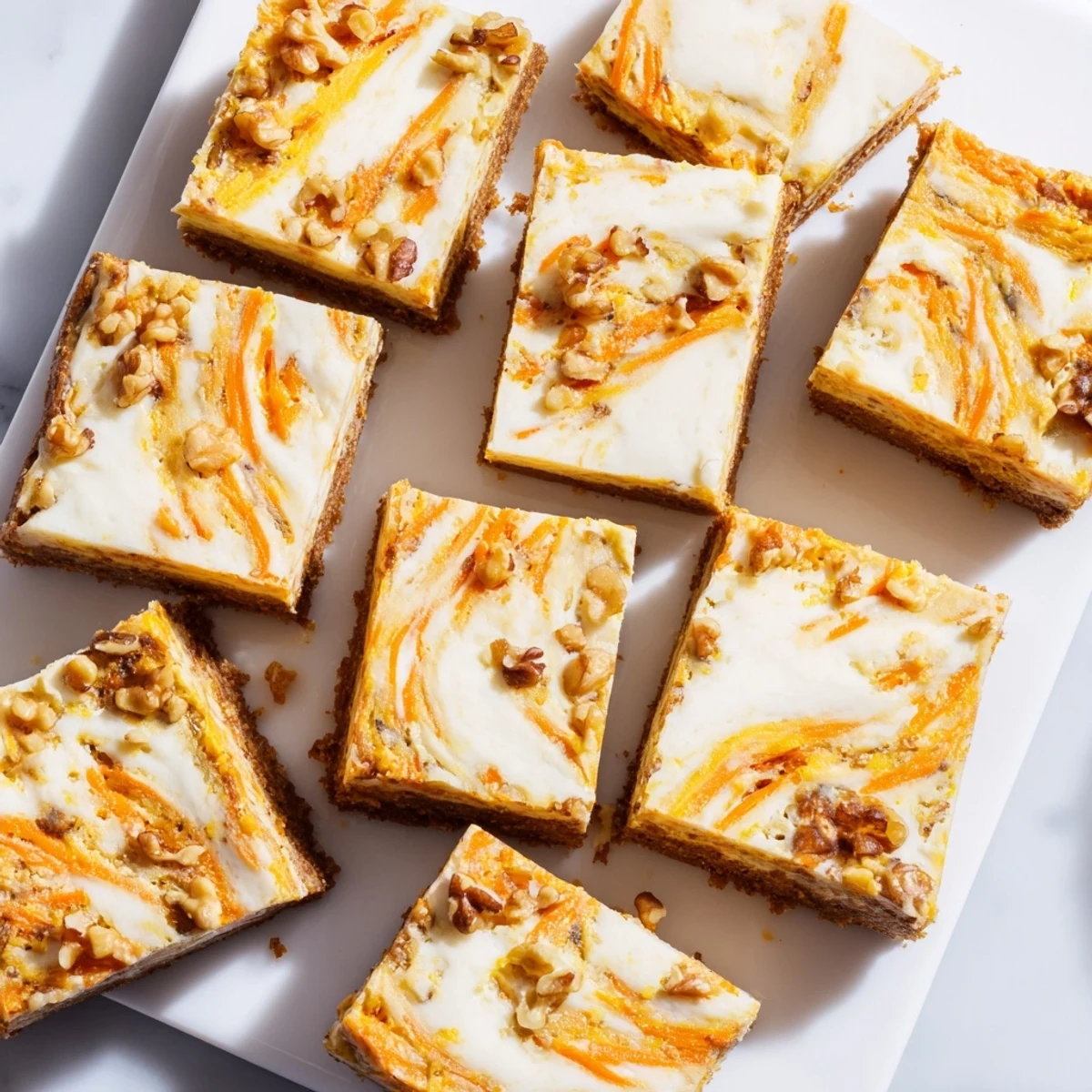 Homemade carrot cake cream cheese bars featuring spiced cake and rich vanilla cream cheese swirls