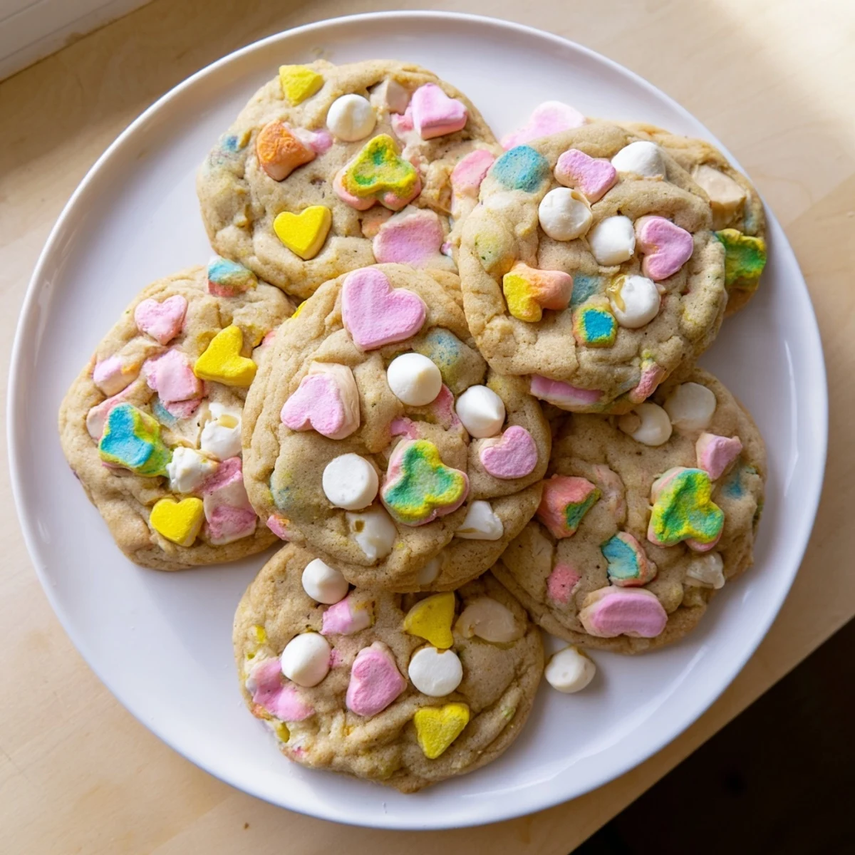 Golden Lucky Charms cookies studded with colorful marshmallow bits on a white plate