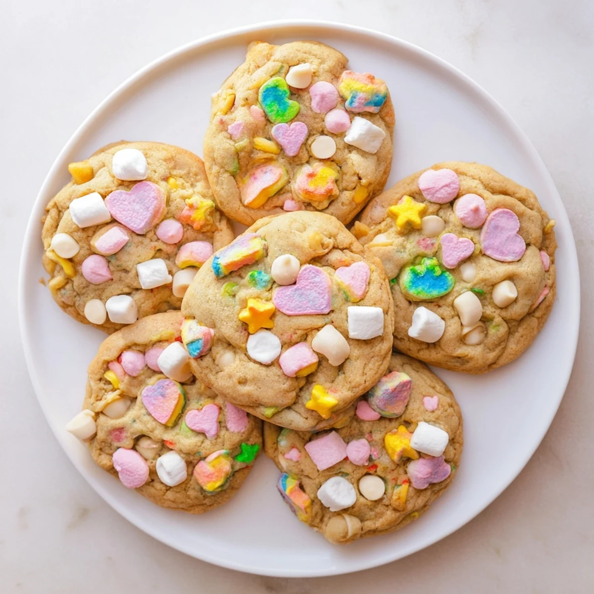 Soft baked Lucky Charms cookies topped with vibrant rainbow marshmallows and white chocolate