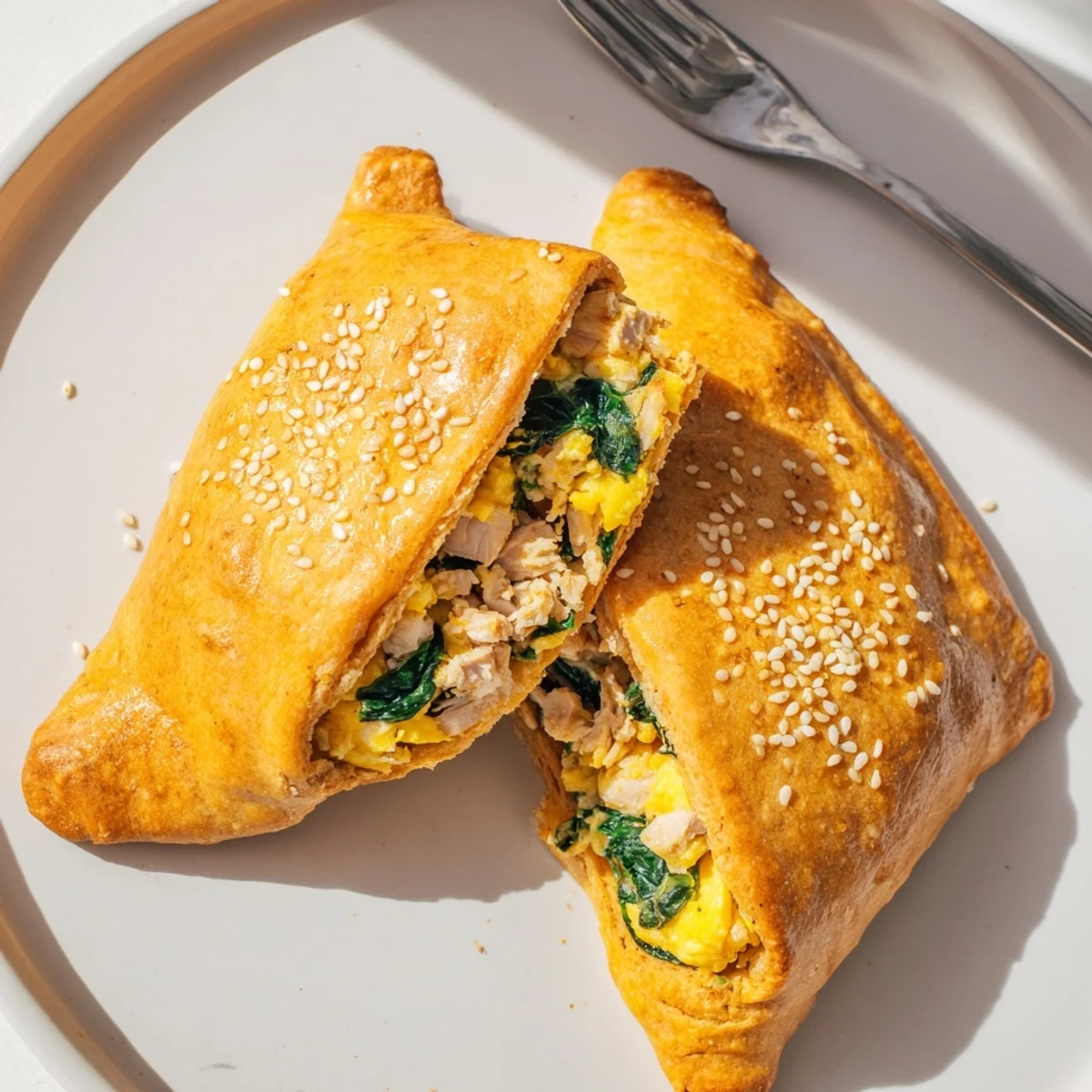 Golden high protein breakfast hot pockets fresh from oven with sesame seed topping