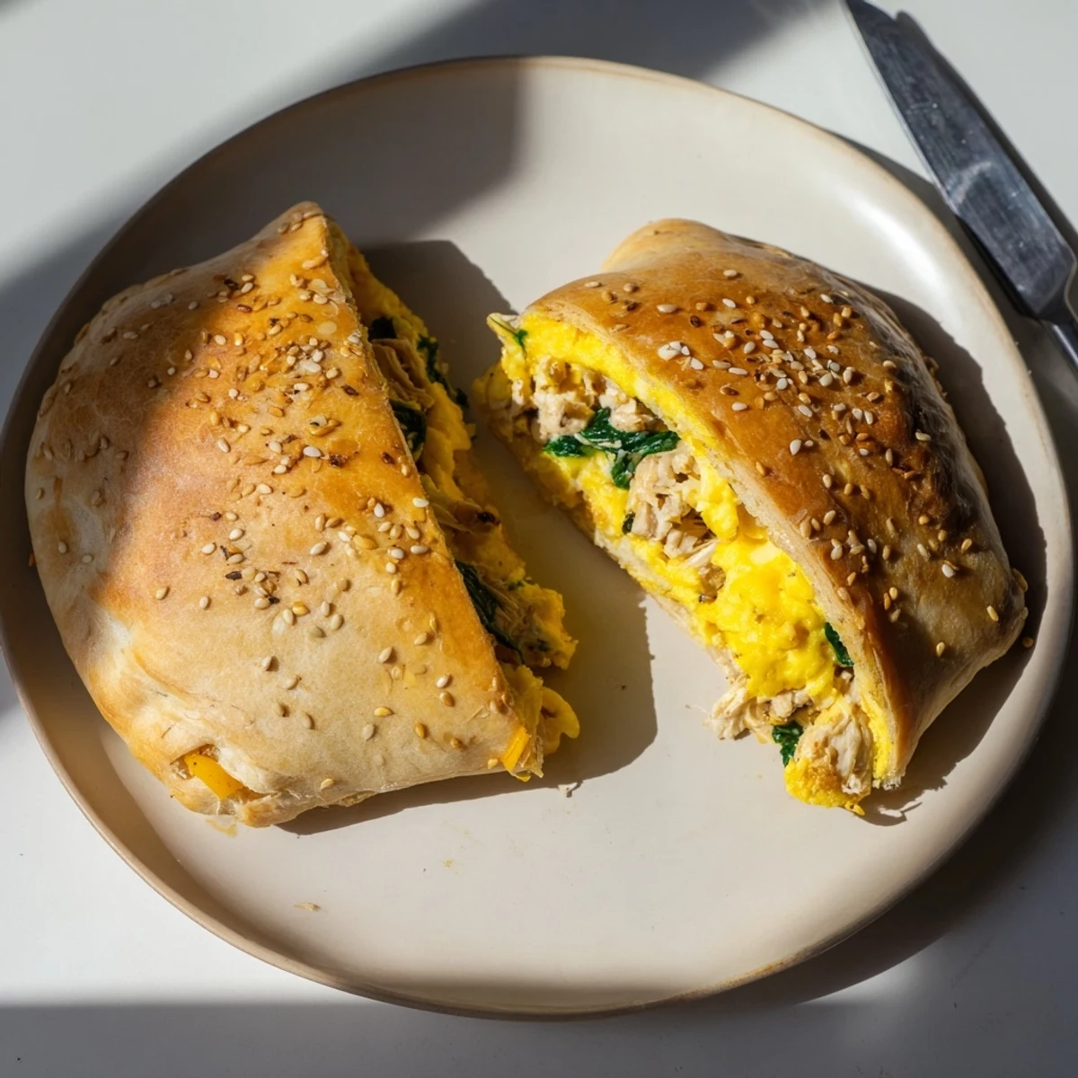 Savory high protein breakfast hot pockets sliced open revealing turkey spinach and egg filling