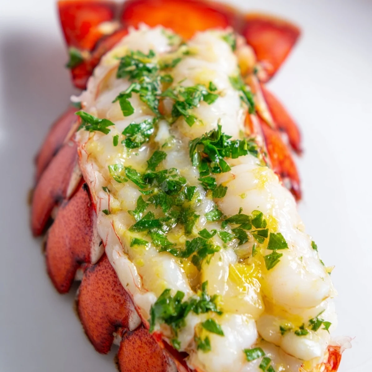 Golden baked garlic butter lobster tails glistening with rich melted butter and fresh parsley