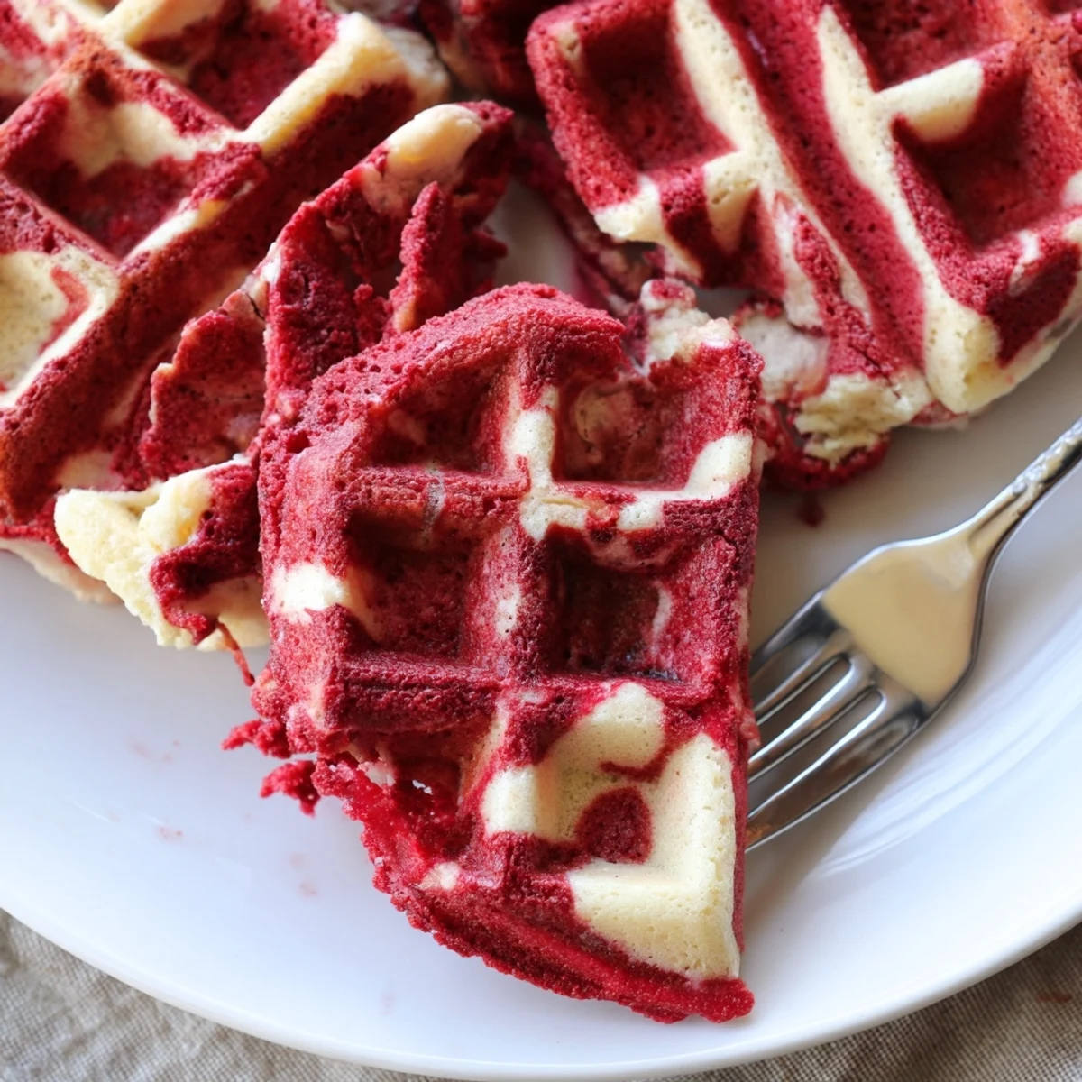 Golden red velvet marble waffles with vanilla swirls stacked on a white plate