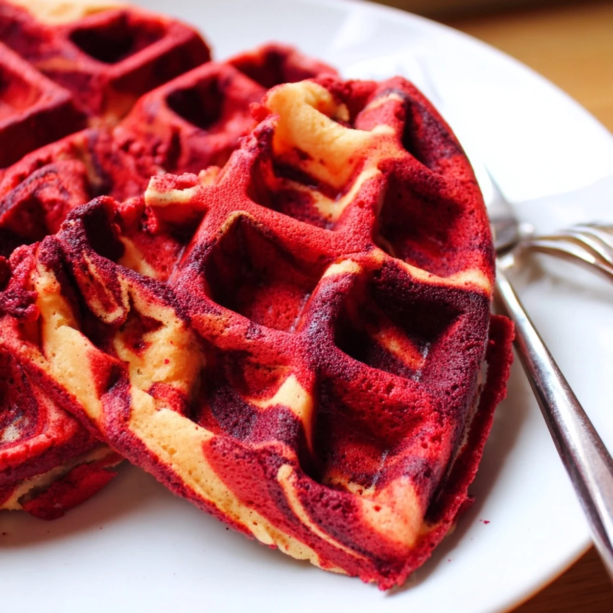 Crispy red velvet marble waffles topped with cream cheese glaze and fresh berries