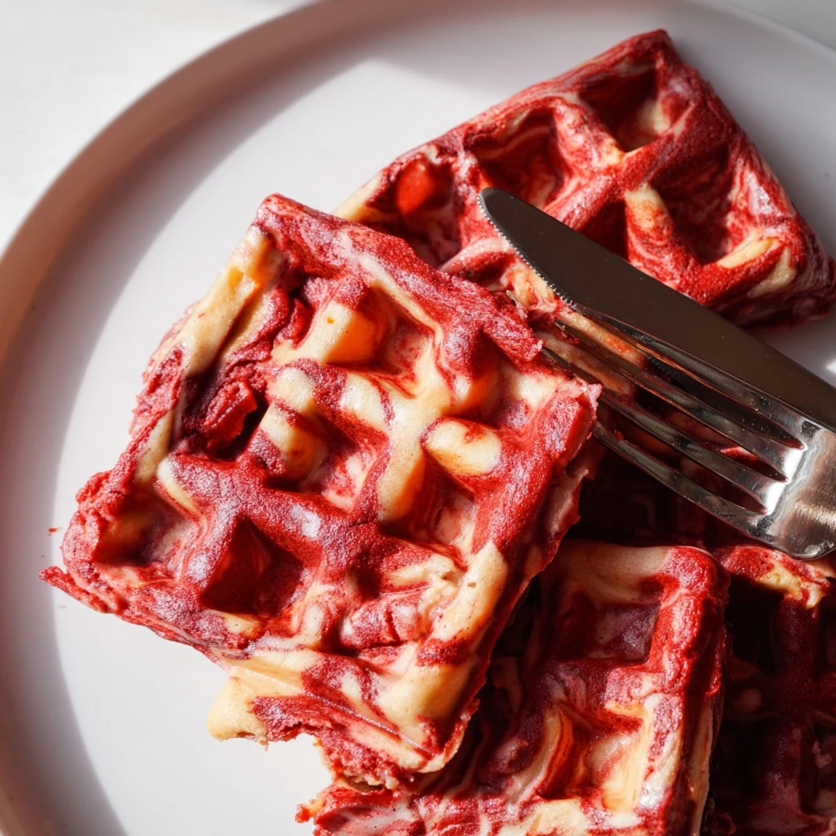 Homemade red velvet marble waffles featuring beautiful red and vanilla marble patterns