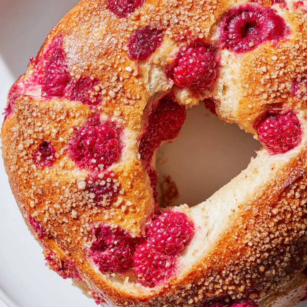 Golden brown raspberry sourdough bagels fresh from the oven with red berry specks