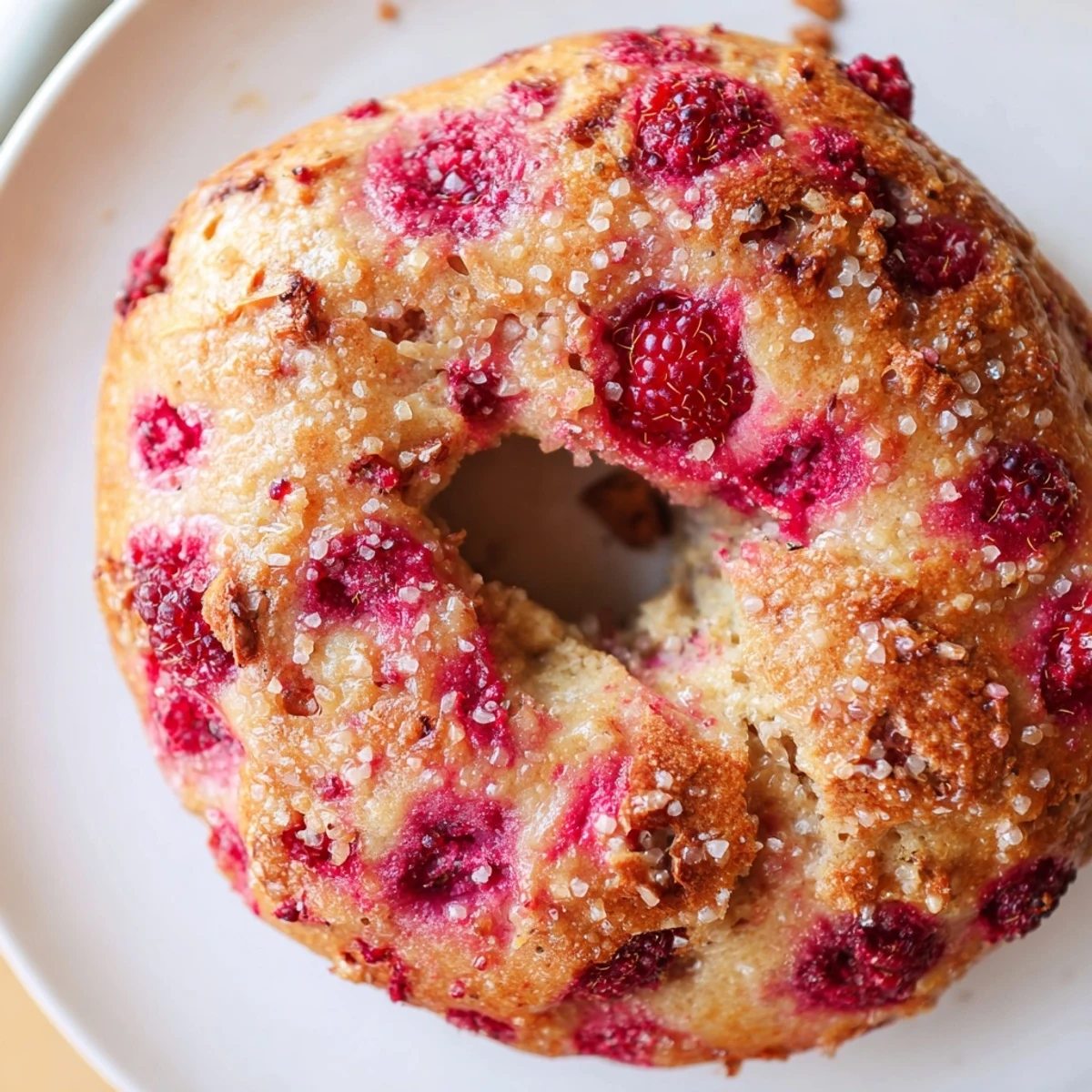 Homemade sourdough bagel topped with demerara sugar and juicy raspberry pieces