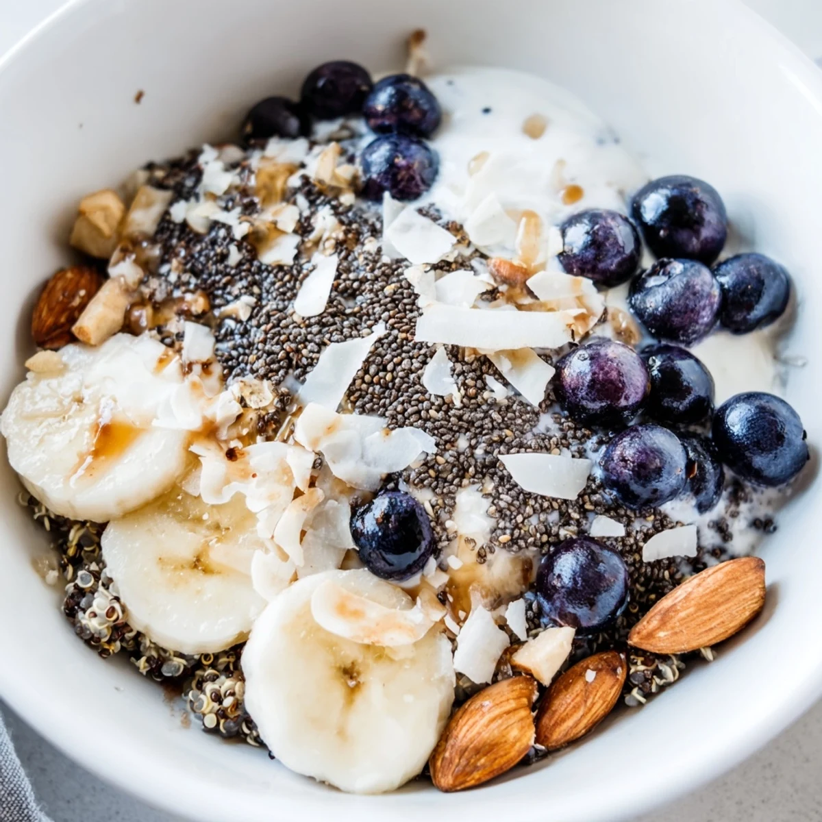 Creamy blueberry quinoa breakfast bowl topped with fresh banana slices and crunchy almonds