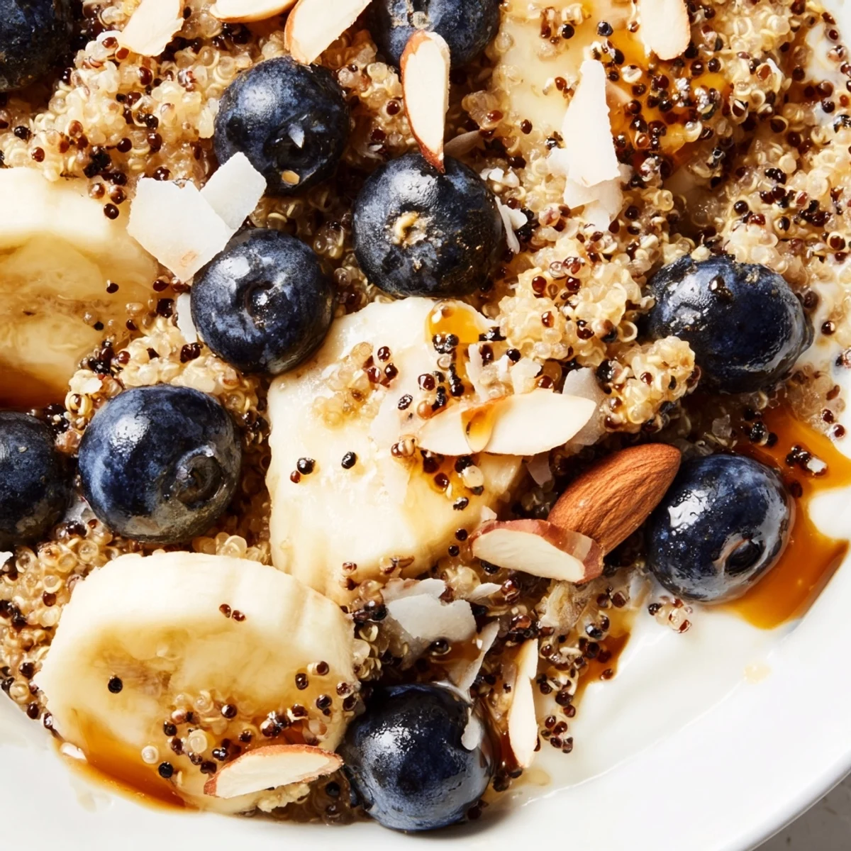 Gluten-free blueberry quinoa breakfast bowl sprinkled with chia seeds and shredded coconut topping