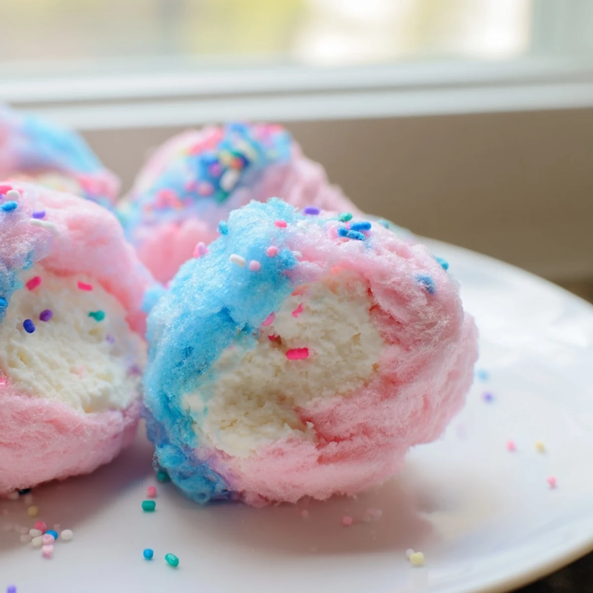 Mini Cotton Candy Cheesecake Puff Balls topped with colorful sprinkles on a decorative serving plate