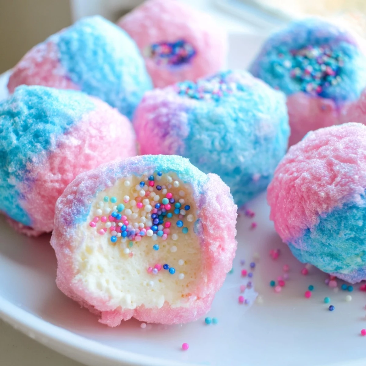 Pink and blue cotton candy cheesecake balls arranged on a white cake stand display