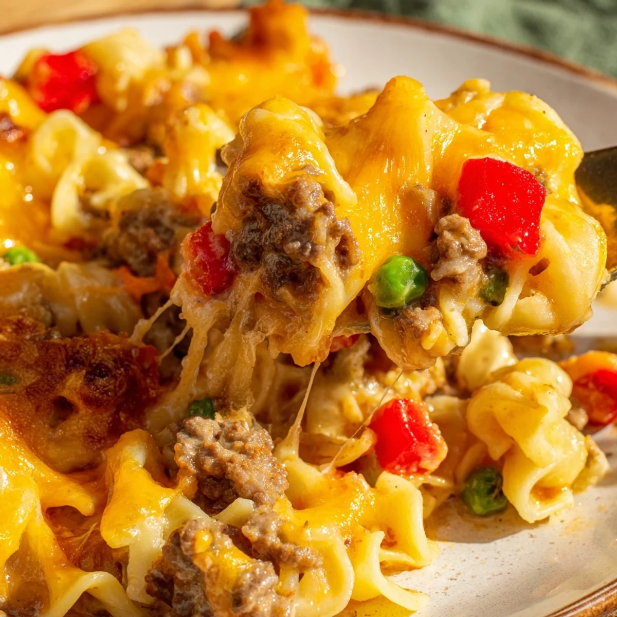 Golden bubbling cheesy beef and noodle casserole fresh from the oven with melted cheddar topping